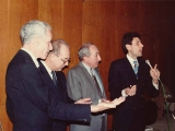 Geller's significant visit to the US Mission at the Geneva Arms talks. With ( left to right) Senator Claibourne Pell, Chairman of the US Senate Foreign Relations Committee, Yuli M. Vorontsov, First Deputy Foreign Minister of the Soviet Union and Chief Sov