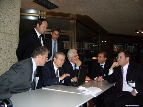 Geneva, Switzerland 2005. Uri together with the Israeli negotiation team. From L to R Mr. Daniel Taub, (Foreign Office) Dr. Noam Yifrach, (Magen David Adom) Mr. Aharon Leshno Yaar, (Foreign Office) Ambassador Itzhak Levanon, Deputy, Mr. Tibor Shalev-Schlosser, (Permanent Mission) Mr. Daniel Meron, (Foreign Office)