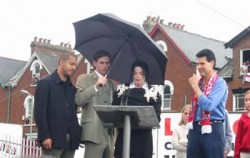 David Blaine, Michael Jackson, Uri Geller watch the balloons set off at Exeter City football ground. Picture by Alan Davidson